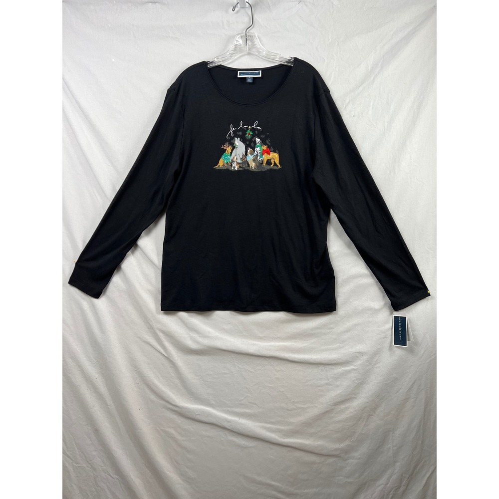 Karen Scott Holiday Dog Graphic Tee Women XL Deep Black Long Sleeve Fa La La New